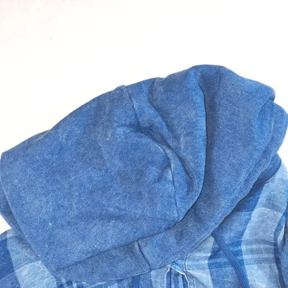 American Eagle Hooded Plaid Flannel Shirt SP Blue Button Up Hoodie Top - Picture 9 of 16